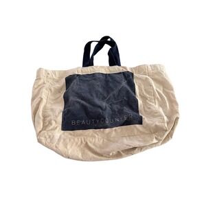 Beautycounter Canvas Tote Bag Navy Blue Cream Logo Large Grocery Beach Carryall